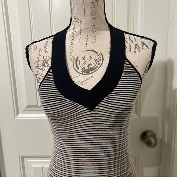 La Cite Sleeveless Gold/black bodycon Shimmery Cross-Back cocktail Mini Dress M - Picture 3 of 6